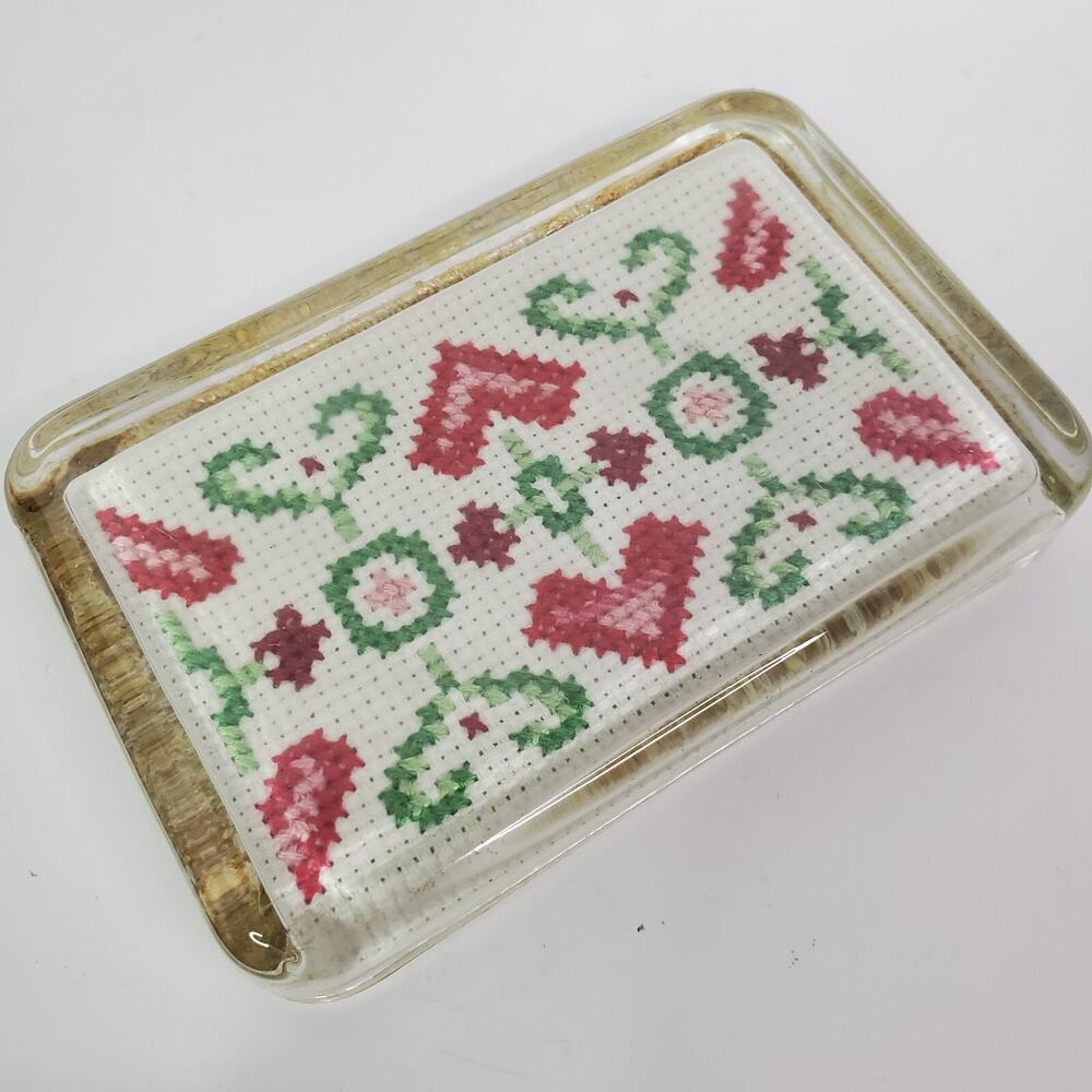 Vintage 83' Hearts Floral Cross Stitch Handmade Glass Paperweight Office Decor